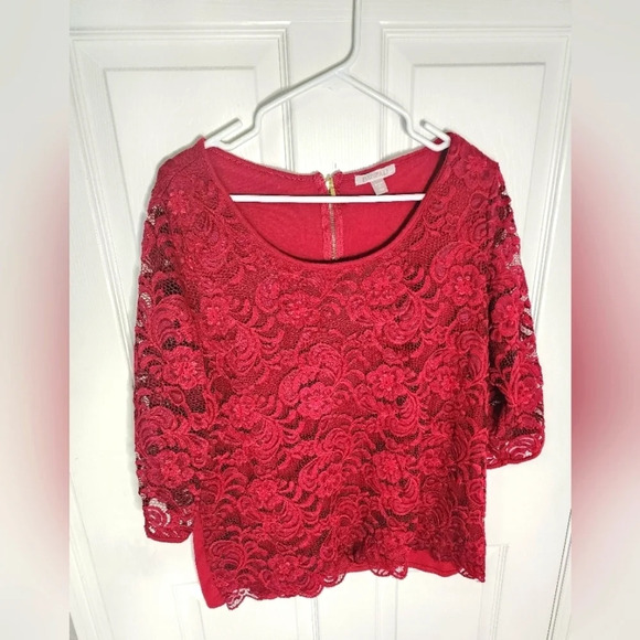 Roz & Ali Tops - Roz & Ali Womens Lace Floral Red Burgundy Paisley Dressy Blouse